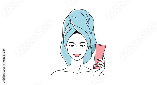 Woman with blue towel on head holding pink tube in minimalist line art for beauty product advertising