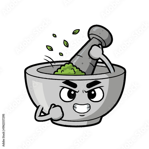 Cartoon Mortar Pestle Grinding Herbs Angrily.