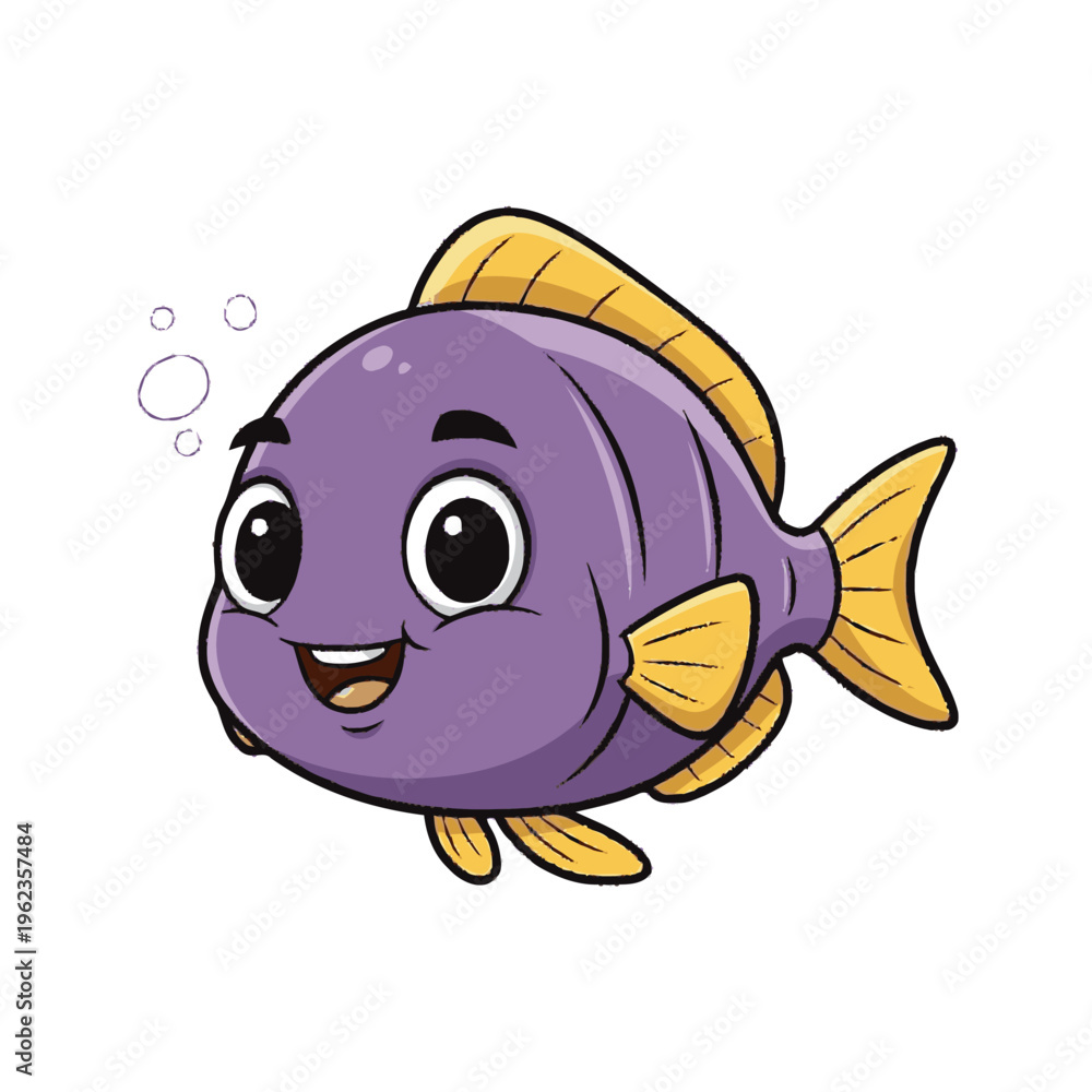 Fototapeta premium Cartoon Purple Fish with Yellow Fins Swimming.