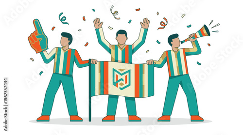 Group of cheerful sports enthusiasts celebrating with banner and fanfare