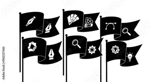 Flags set with various icons and symbols on black banners, waving on poles featuring white, illustration, graphic with design and elements elements