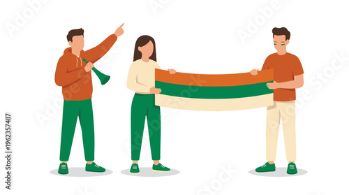 Cartoon people celebrating with a national flag, vuvuzela, and face paint