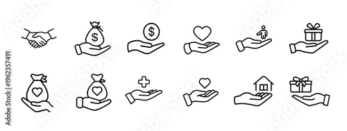 Charity and donation outline icon set featuring hand giving money bag, heart care, medical aid, house donation, gift box, and more vector illustration on editable stroke