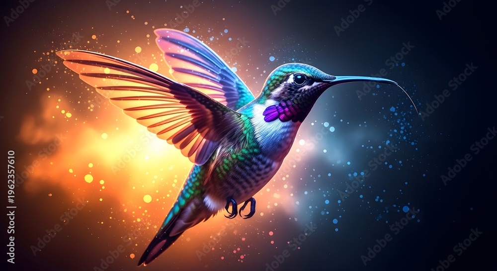 Naklejka premium Vibrant hummingbird in flight with iridescent feathers and sparkling background