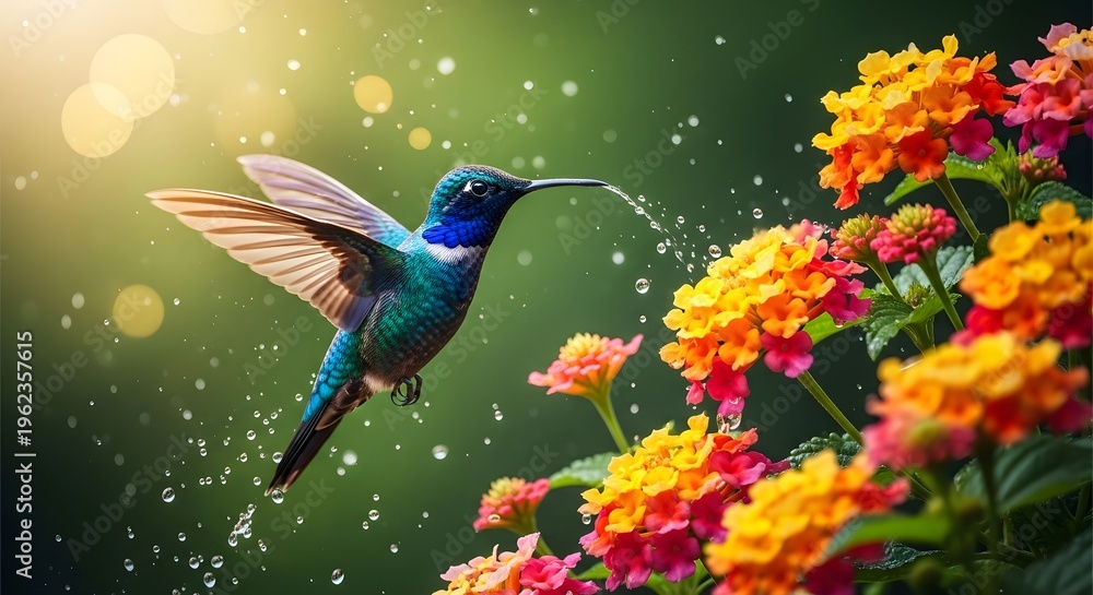 Obraz premium Hummingbird sips nectar from vibrant flowers in a sunlit garden