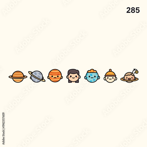 Cartoonish depiction of planets and planetary-inspired faces, all with cheerful expressions and a simple, playful aesthetic, set against a neutral backdrop