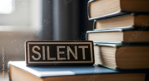 A stack of books with a silent sign on top indoors daytime