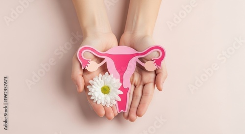 Female reproductive system paper cutout in hands, pink uterus and ovaries anatomy with white flower, women health and gynecology concept