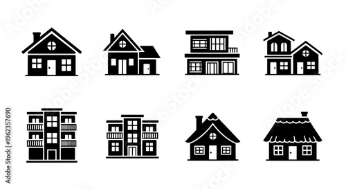 Houses black silhouette set with various architectural styles and window designs on white background