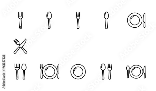 Catering thin line icon set with fork spoon knife and plate symbols for restaurant and food UI vector
