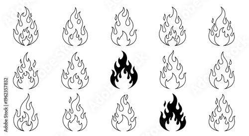 Flames icon set with black and white line art styles, various intensities and shapes. featuring flame, fire, vector with illustration and graphic