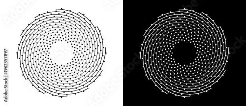 Abstract circular spiral pattern with dotted lines and radial geometry. Minimalist vector illustration of digital vortex or technical blueprint isolated on black and white backgrounds.