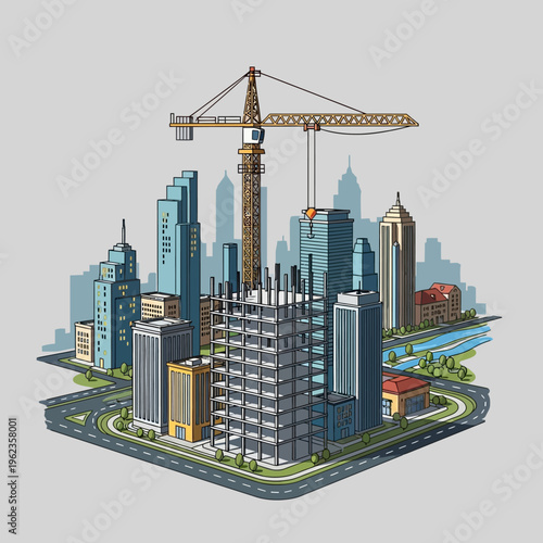 Construction of modern skyscrapers in a city, crane lifting materials, urban development concept