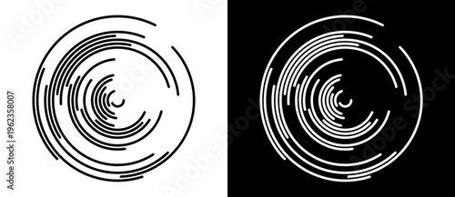 Abstract circular HUD pattern with concentric thin arcs and segments. Minimalist vector illustration of tech interface or digital radar isolated on black and white backgrounds.