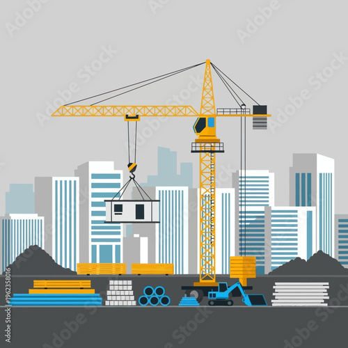 Construction crane lifting modular building unit in urban city skyline background