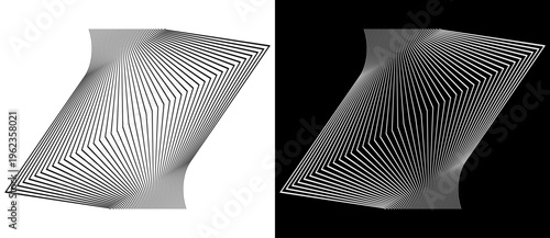 Abstract geometric wave pattern with parallel distorted lines. Minimalist vector illustration of perspective linear shape isolated on black and white backgrounds.