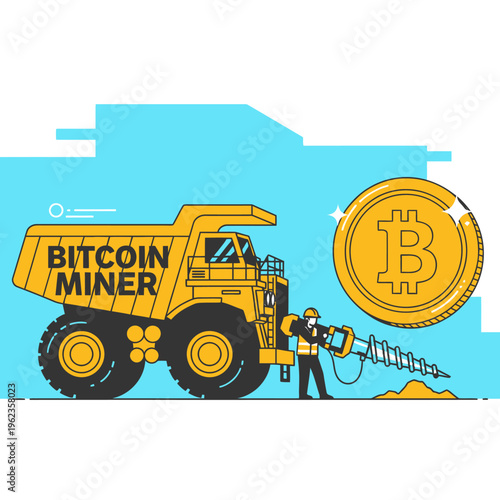 Bitcoin Miner Truck and Worker Digging for Cryptocurrency Gold Coin