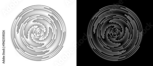 Abstract circular pattern with dense concentric dashed lines. Minimalist vector illustration of digital vortex or spinning vinyl record texture isolated on black and white backgrounds.