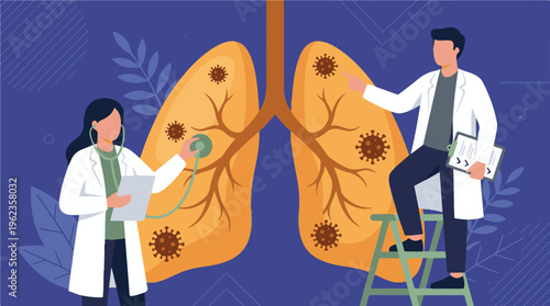 Doctors examining infected human lungs, respiratory illness concept