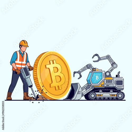 Bitcoin mining concept: worker with jackhammer and excavator breaking ground for cryptocurrency