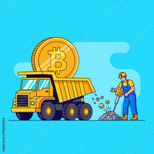 Bitcoin Mining Concept: Dump Truck Loads Gold Coins, Miner Drills Rock