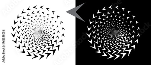 Abstract spiral vortex pattern with chevron shapes. Minimalist vector illustration of dynamic rotation or optical illusion isolated on black and white backgrounds.