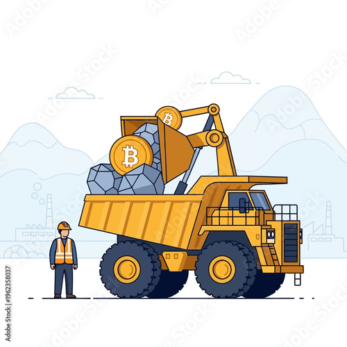 Bitcoin mining concept: dump truck loading bitcoins and ore, worker nearby