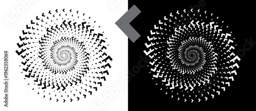Abstract spiral vortex pattern with geometric L-shape elements. Minimalist vector illustration of swirling optical illusion isolated on black and white backgrounds.