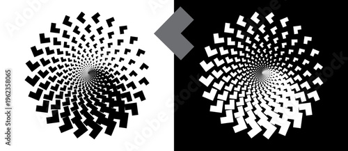 Abstract spiral vortex pattern with geometric L-shape elements. Minimalist vector illustration of swirling optical illusion isolated on black and white backgrounds.