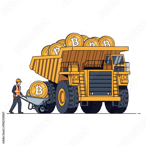Bitcoin mining concept: Truck loaded with bitcoins, worker with wheelbarrow