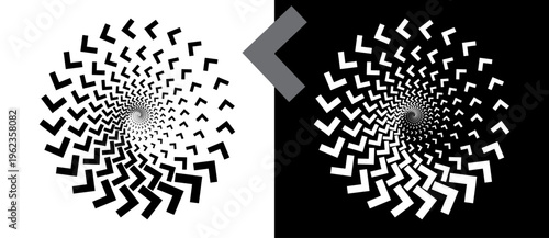 Abstract spiral vortex pattern with geometric L-shape elements. Minimalist vector illustration of swirling optical illusion isolated on black and white backgrounds.
