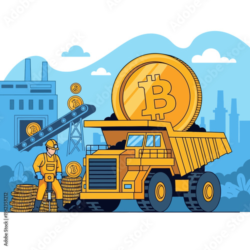 Bitcoin Mining Concept: Miner with Jackhammer, Conveyor Belt, and Dump Truck Full of Coins