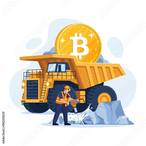 Bitcoin mining concept: worker with jackhammer near dump truck and bitcoin coin