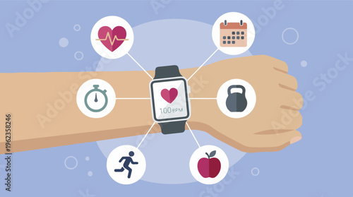 Smartwatch on wrist tracking health and fitness activities with icons