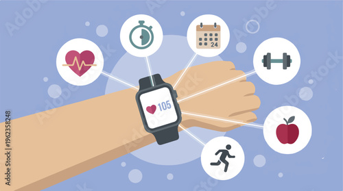 Smartwatch on wrist showing heart rate, linked to health and fitness icons
