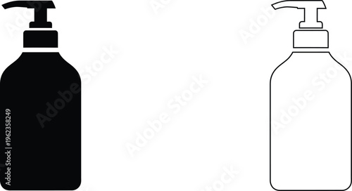 Minimalist pump bottle vector icons, liquid soap and lotion dispenser silhouettes, black and white cosmetic packaging symbols for hygiene products