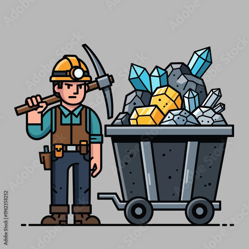 Miner with Pickaxe and Cart Full of Gold and Crystals, Mining Concept