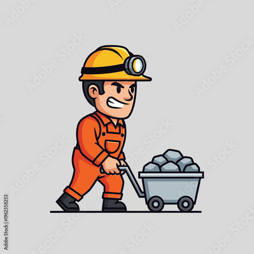Miner pushing cart full of rocks, cartoon illustration