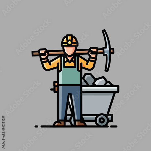 Miner with Pickaxe and Cart Full of Rocks - Mining Industry Concept