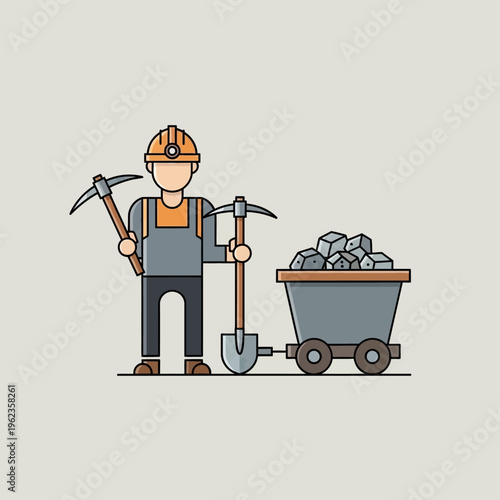 Miner with Pickaxe and Shovel Standing Next to Coal Cart in Flat Design Style
