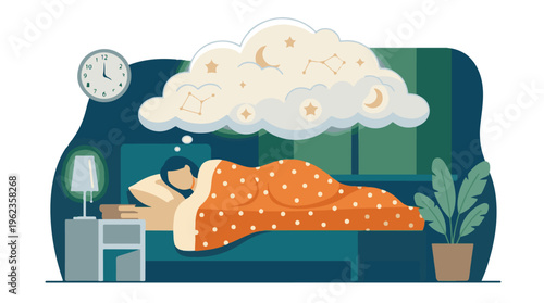 Person sleeping peacefully in bed, dreaming of stars and night sky