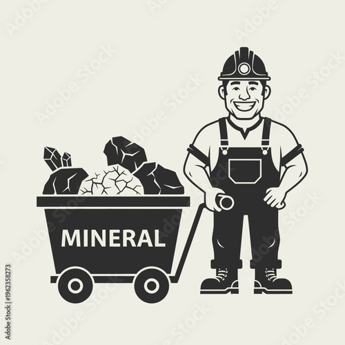 Miner with cart full of minerals, mining industry, resource extraction, geology, and exploration
