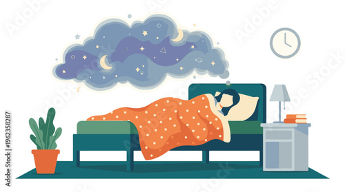 Woman sleeping peacefully in bed with night sky and stars in dream bubble