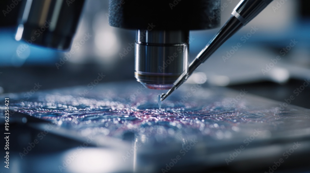 Fototapeta premium Detailed view on biopsy sample embedded in paraffin highlighting precise tissue orientation with softfocus surrounding tools.
