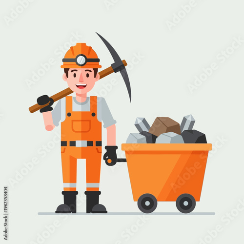 Miner with pickaxe and cart full of minerals, coal, and rocks, ready to transport