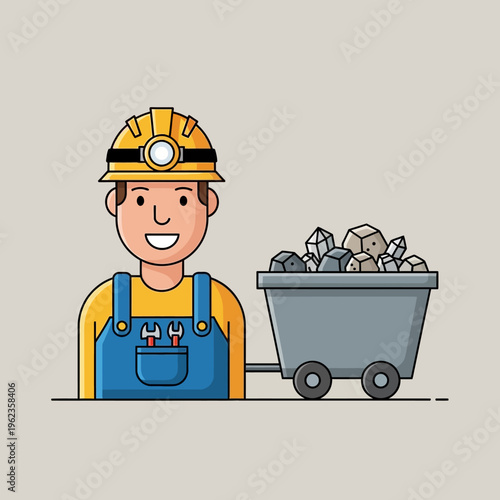 Miner in hard hat with mining cart full of rocks and minerals, illustration
