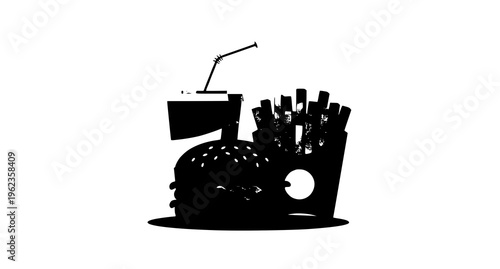 A black silhouette of a burger with fries and a drink Vector
