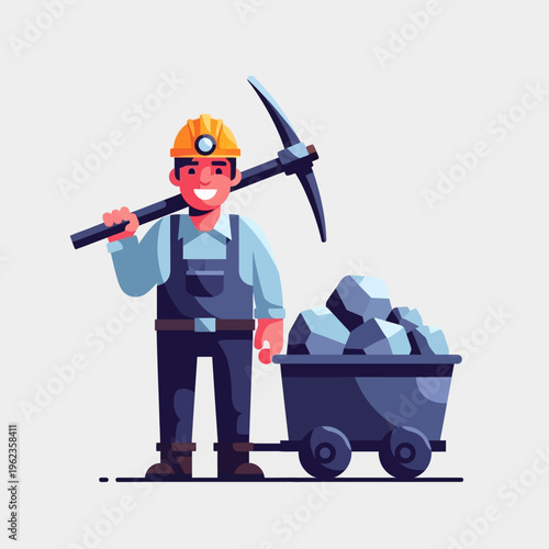 Miner with pickaxe and cart full of rocks in a mine, illustration