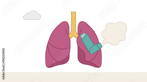 Illustration of human lungs with asthma inhaler for respiratory relief