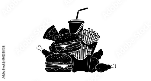 A collection of fast food items including burgers and fries Vector